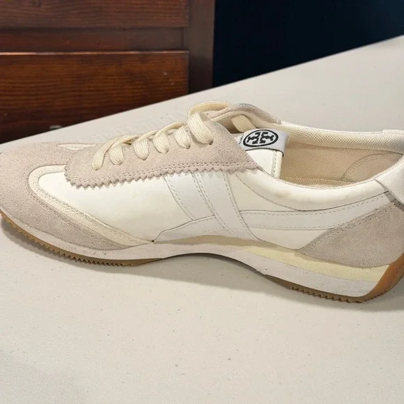 Tory Burch Hank Sneaker Snow White Beige Suede Leather Lace Up Women 9.5 - Picture 8 of 12